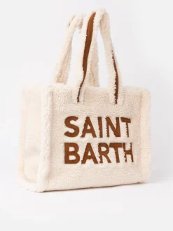 Weiße Soft Bag Small aus Teddyfell mit Saint Barth-Logo und Schultergurt