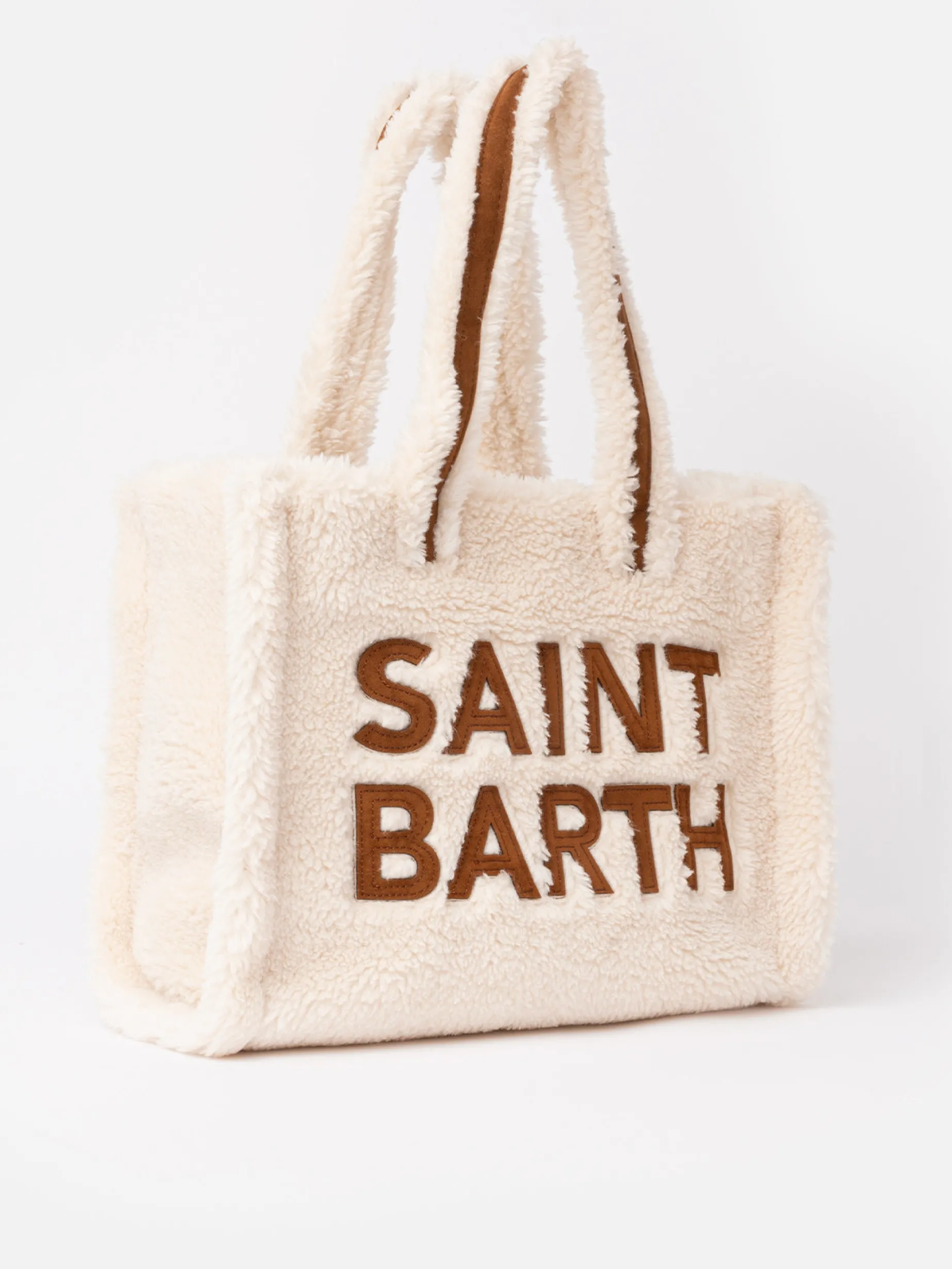 Weiße Soft Bag Small aus Teddyfell mit Saint Barth-Logo und Schultergurt