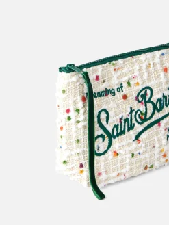 Weiße Tweed-Pochette Aline mit Logo-Stickerei