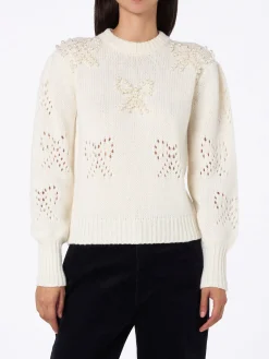 Weißer Damenpullover Bloom mit perlenartigen Perlen