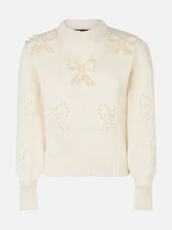Weißer Damenpullover Bloom mit perlenartigen Perlen