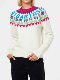 Weißer Damenpullover mit Rundhalsausschnitt und Fair-Isle-Herzdruck