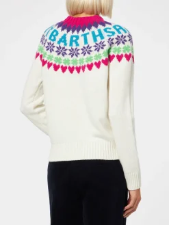 Weißer Damenpullover mit Rundhalsausschnitt und Fair-Isle-Herzdruck