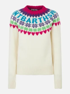 Weißer Damenpullover mit Rundhalsausschnitt und Fair-Isle-Herzdruck