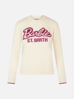 Weißer Damenpullover mit Rundhalsausschnitt und Barbie-Aufdruck | BARBIE-SONDEREDITION