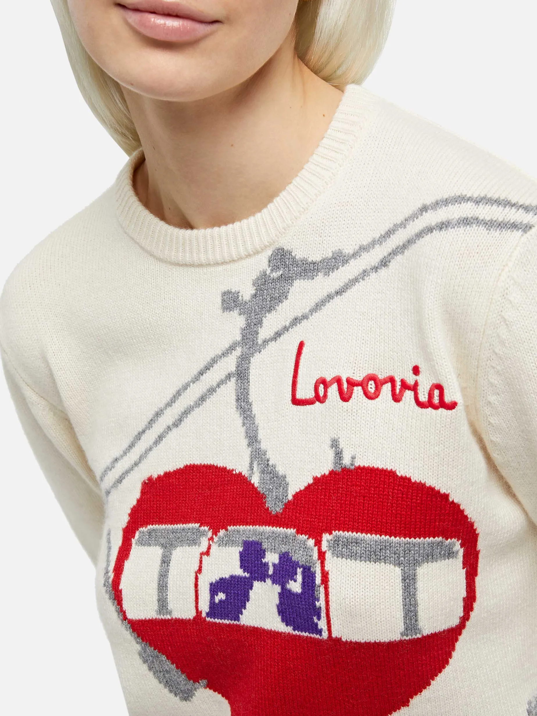 Weißer Damenpullover „New Queen“ mit Lovovia-Postkartendruck und Stickerei
