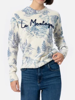 Weißer Damenpullover New Queen mit Toile de Jouy-Druck und La Montagne-Stickerei