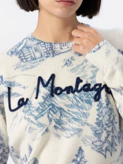 Weißer Damenpullover New Queen mit Toile de Jouy-Druck und La Montagne-Stickerei
