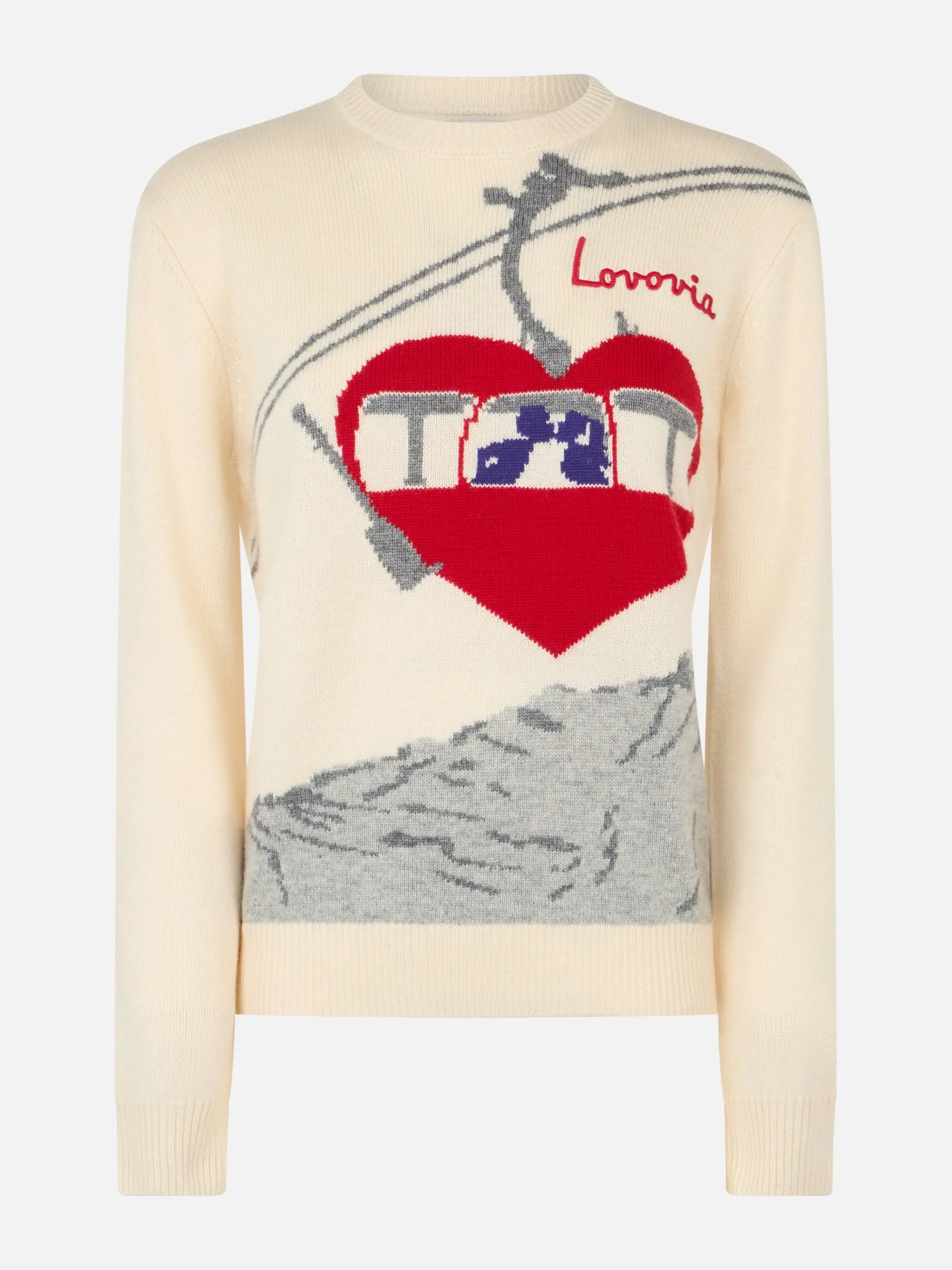 Weißer Damenpullover „New Queen“ mit Lovovia-Postkartendruck und Stickerei