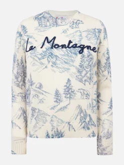 Weißer Damenpullover New Queen mit Toile de Jouy-Druck und La Montagne-Stickerei