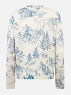 Weißer Damenpullover New Queen mit Toile de Jouy-Druck und La Montagne-Stickerei