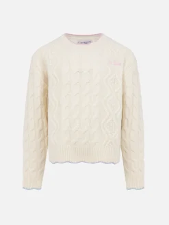 Weißer gewellter Zopfmusterpullover Gretta mit Kontrastdetails für Mädchen