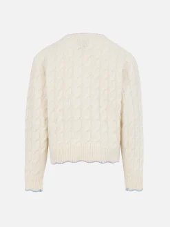 Weißer gewellter Zopfmusterpullover Gretta mit Kontrastdetails für Mädchen
