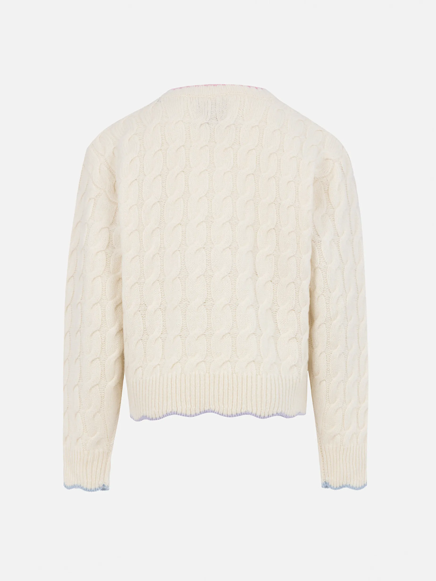 Weißer gewellter Zopfmusterpullover Gretta mit Kontrastdetails für Mädchen