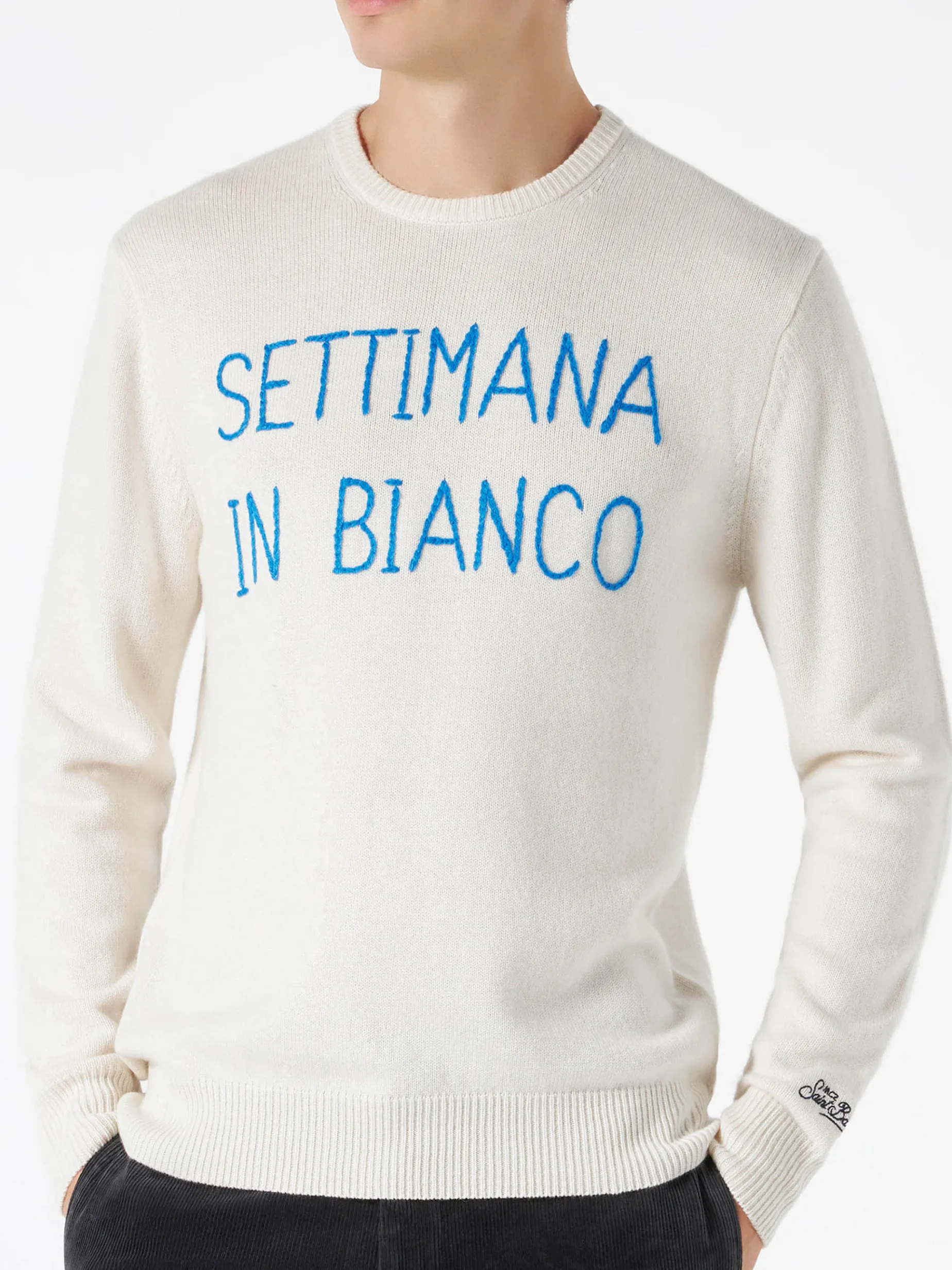 Weißer Herrenpullover mit Settimana in Bianco-Stickerei