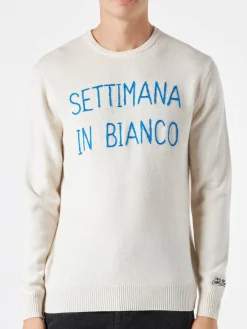 Weißer Herrenpullover mit Settimana in Bianco-Stickerei