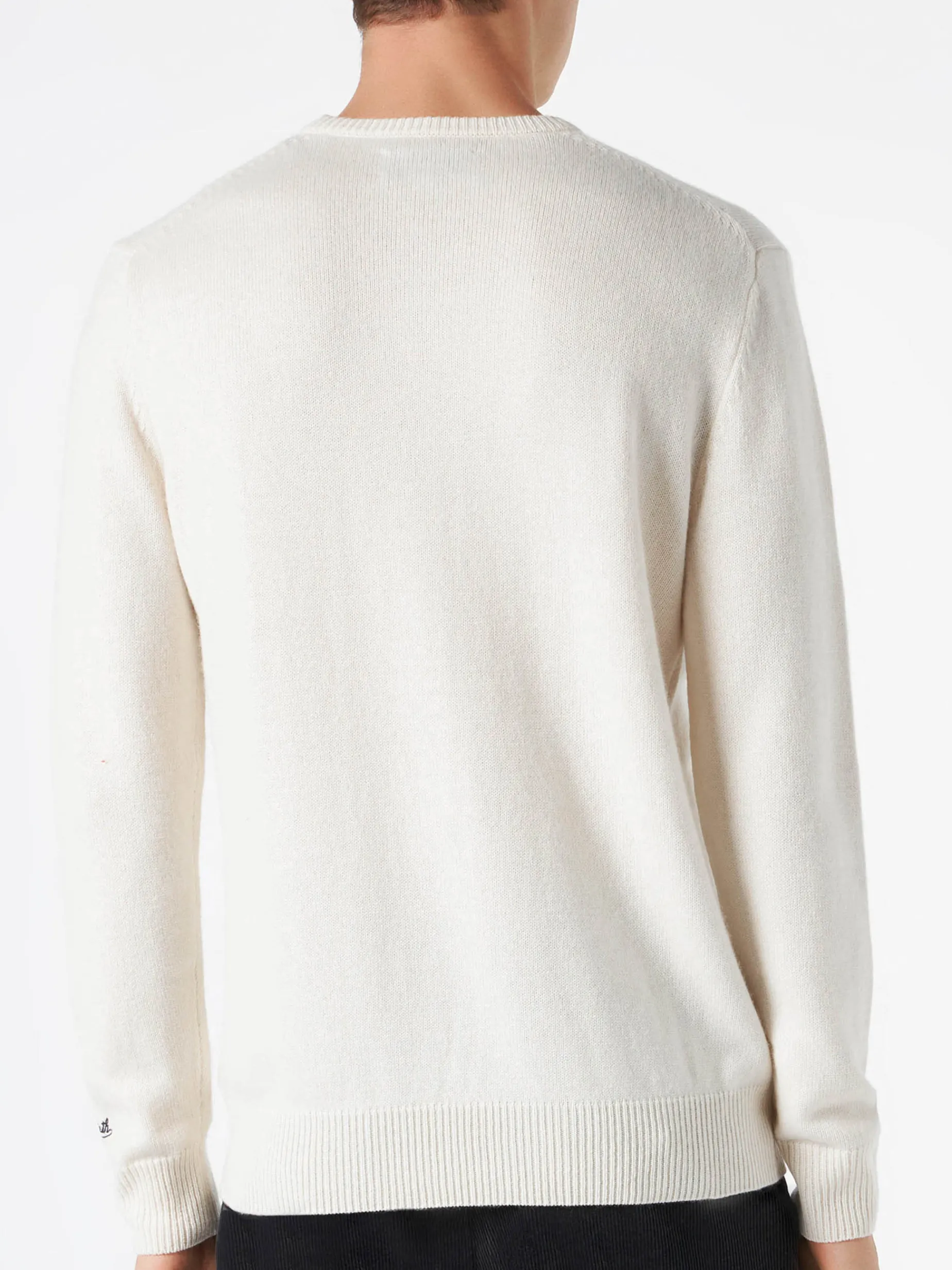 Weißer Herrenpullover mit Settimana in Bianco-Stickerei