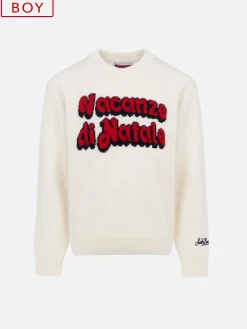 Weißer Jungenpullover Douglas mit Rundhalsausschnitt und Jacquard-Logo aus dem Film „Vacanze di Natale“ | VACANZE DI NATALE SONDERAUSGABE