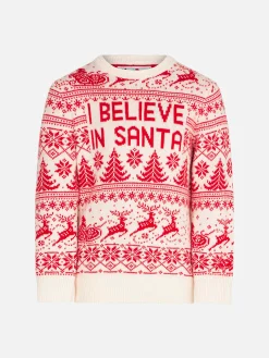 Weißer Jungenpullover mit Rundhalsausschnitt und Weihnachtsmuster