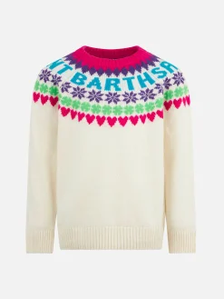 Weißer Mädchenpullover mit Rundhalsausschnitt und Fair-Isle-Herzdruck