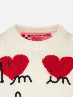 Weißer Mädchenpullover mit Herz-Jacquard-Print
