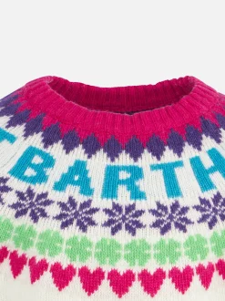 Weißer Mädchenpullover mit Rundhalsausschnitt und Fair-Isle-Herzdruck
