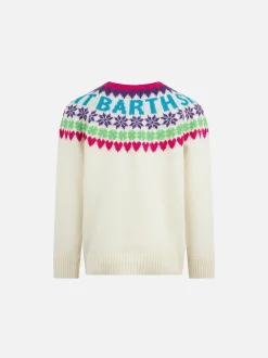 Weißer Mädchenpullover mit Rundhalsausschnitt und Fair-Isle-Herzdruck
