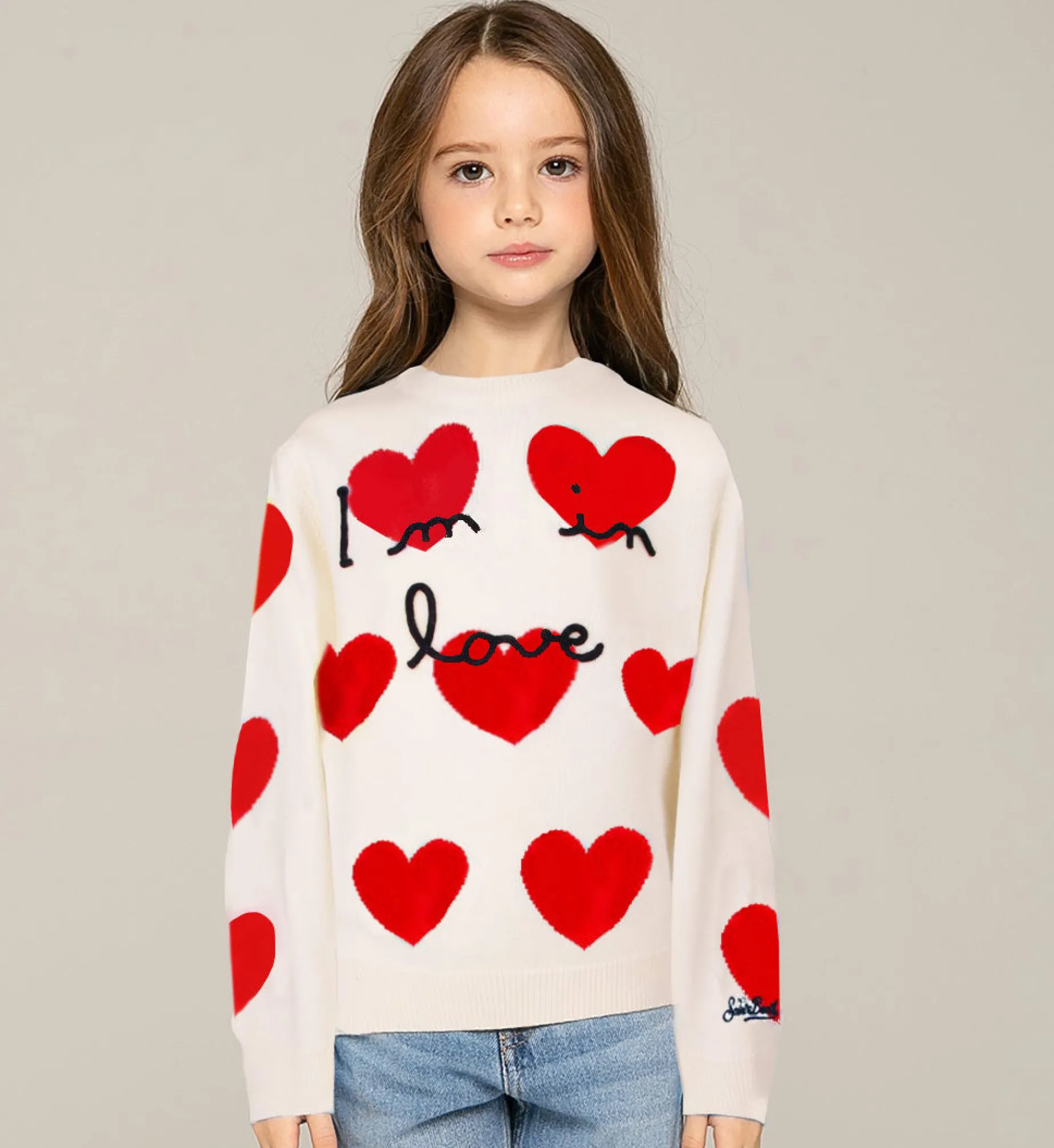 Weißer Mädchenpullover mit Herz-Jacquard-Print