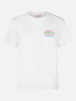 Weißes Damen-T-Shirt Emiilie aus Baumwolljersey mit Rundhalsausschnitt und „Mi piace lui...“-Stickerei
