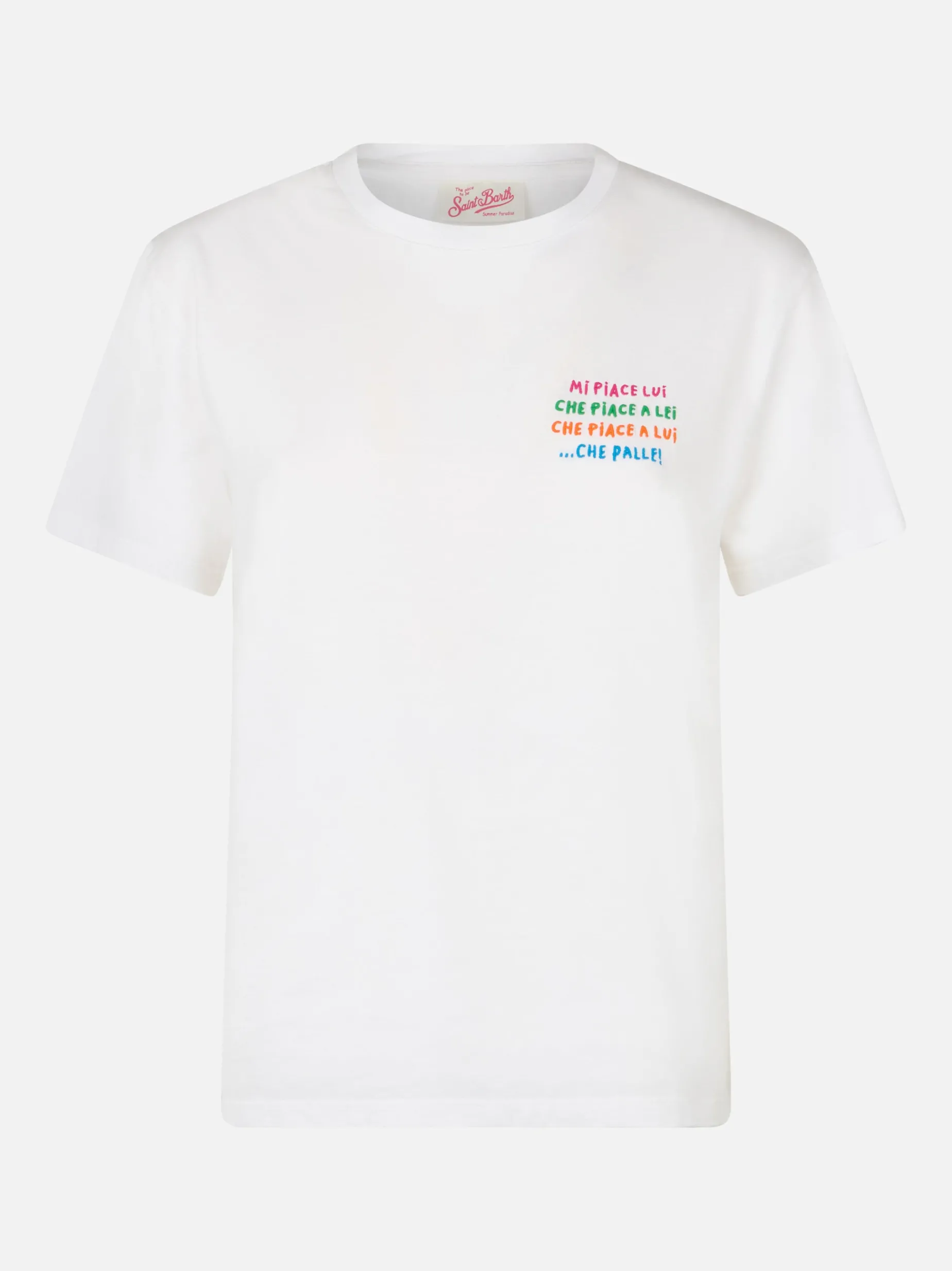 Weißes Damen-T-Shirt Emiilie aus Baumwolljersey mit Rundhalsausschnitt und „Mi piace lui...“-Stickerei