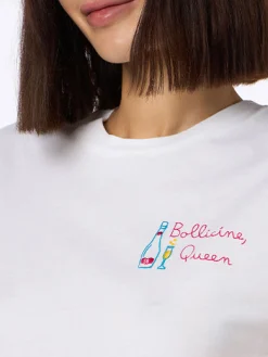 Weißes Damen-T-Shirt Emilie aus Baumwolljersey mit Rundhalsausschnitt und Stickerei „Bollicine Queen“