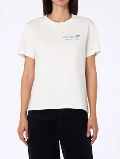Weißes Damen-T-Shirt Emilie aus schwerer Baumwolle mit Gindependent-Frauenstickerei