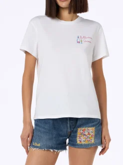 Weißes Damen-T-Shirt Emilie aus Baumwolljersey mit Rundhalsausschnitt und Stickerei „Bollicine Queen“
