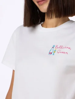 Weißes Damen-T-Shirt Emilie aus Baumwolljersey mit Rundhalsausschnitt und Stickerei „Bollicine Queen“