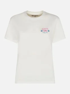Weißes Damen-T-Shirt Emilie aus schwerer Baumwolle mit Gatta delle nevi-Stickerei | INSULTI LUMINOSI SONDEREDITION