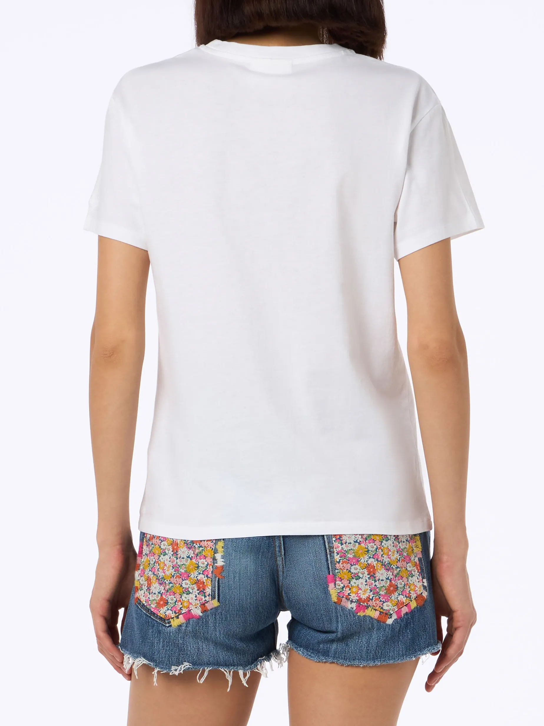 Weißes Damen-T-Shirt Emilie aus Baumwolljersey mit Rundhalsausschnitt und Stickerei „Bollicine Queen“