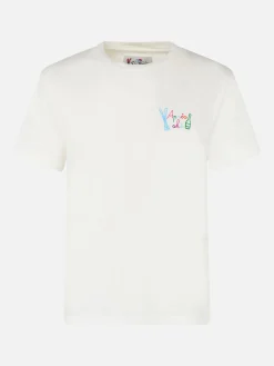 Weißes Damen-T-Shirt Emilie aus schwerer Baumwolle mit Apres-Ski-Regenbogenstickerei