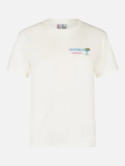 Weißes Damen-T-Shirt Emilie aus schwerer Baumwolle mit Gindependent-Frauenstickerei