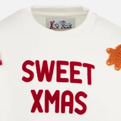 Weißes Mädchen-Sweatshirt mit Rundhalsausschnitt und Ingwerrohr-Aufnähern