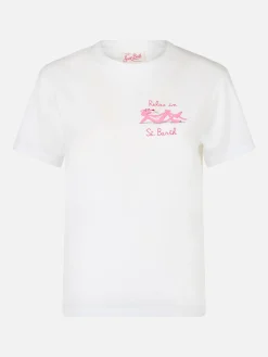 Weißes Rundhals-T-Shirt Emiilie aus Baumwolljersey für Damen mit Stickerei „Relax in St. Barth“ | PINK PANTHER SPECIAL EDITION