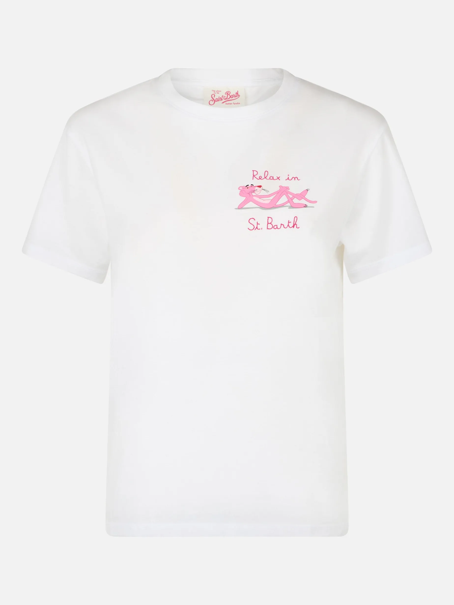 Weißes Rundhals-T-Shirt Emiilie aus Baumwolljersey für Damen mit Stickerei „Relax in St. Barth“ | PINK PANTHER SPECIAL EDITION