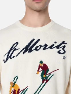 Weisser Herrenpullover Heron mit Jacquard-Print St. Moritz Ski | ST. MORITZ TOP OF THE WORLD SPECIAL EDITION