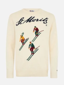 Weisser Herrenpullover Heron mit Jacquard-Print St. Moritz Ski | ST. MORITZ TOP OF THE WORLD SPECIAL EDITION